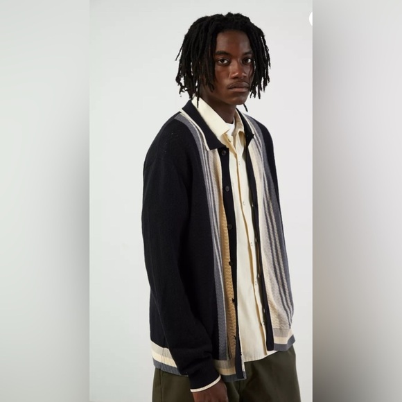 Urban Outfitters Men’s Button-Down Polo Sweater Size L Black Grey Cream Cotton - Picture 2 of 14
